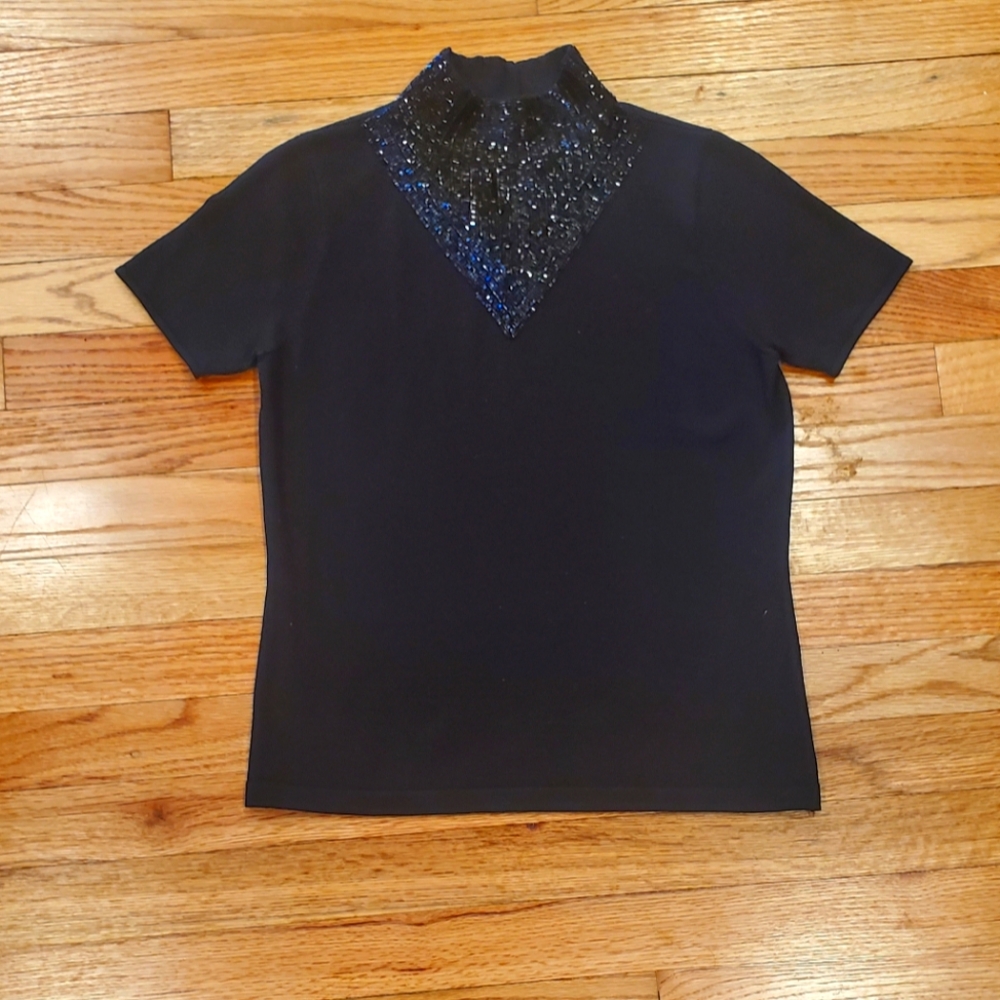 Vien Black Silk Blend Top With Beaded Collar Detail